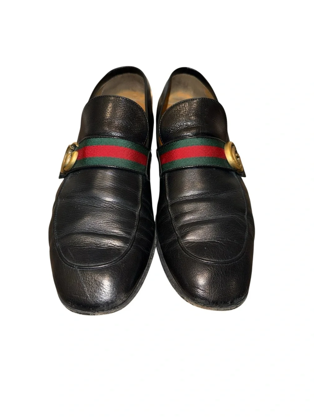 Gucci Men's Donnie Black Leather Web Loafers Double G Hardware EU 12 US 13 Used